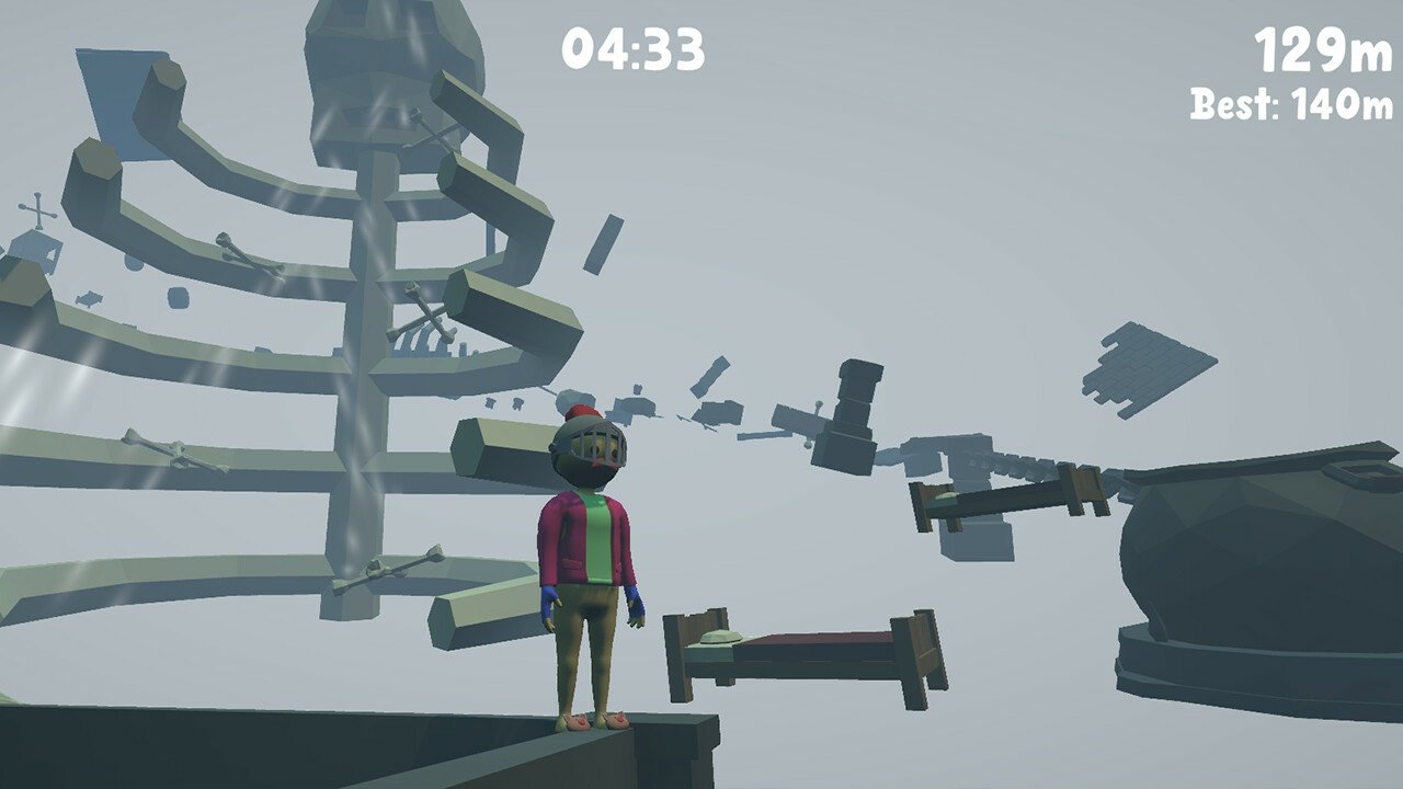 A whimsical video game scene shows a character in colorful attire standing on a platform amidst floating debris and a spiral structure, all set in a foggy, surreal environment.