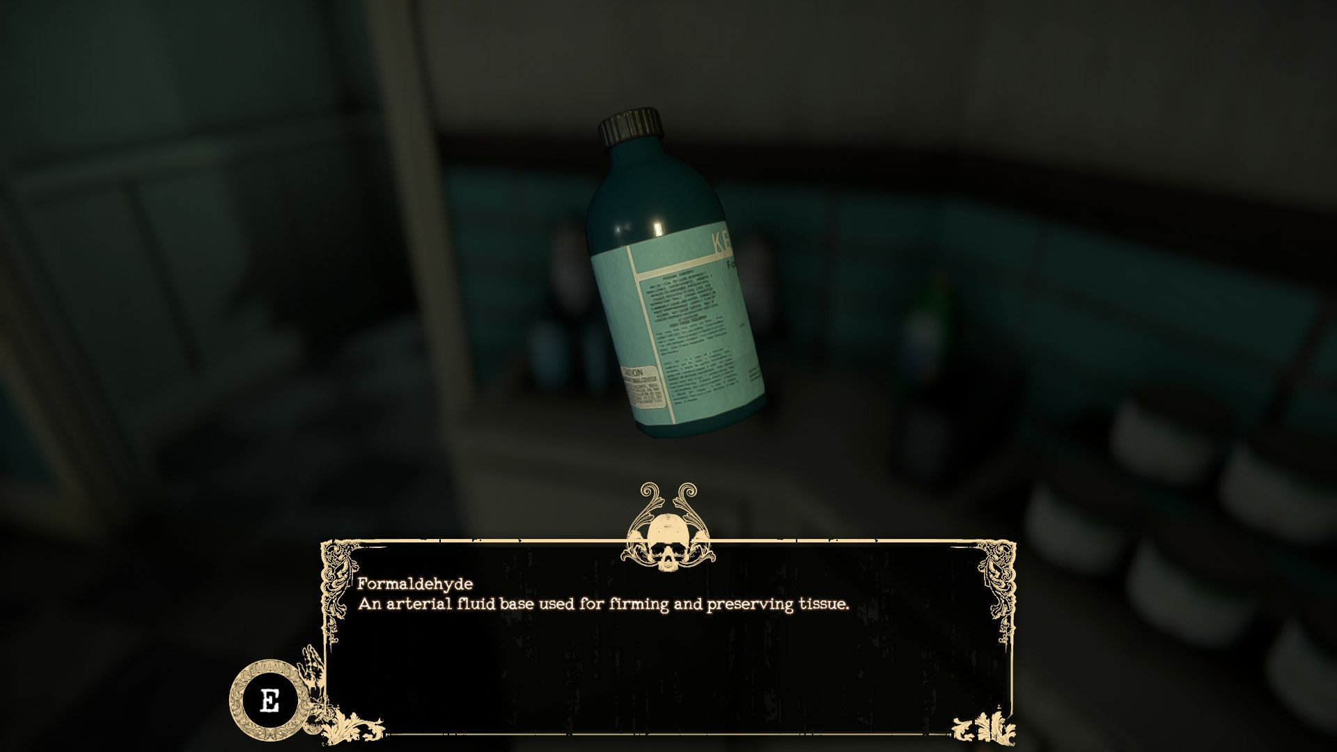 A floating bottle of formaldehyde is featured in the video game The Mortuary Assistant, used for embalming and preserving corpses, set against a dimly lit background.