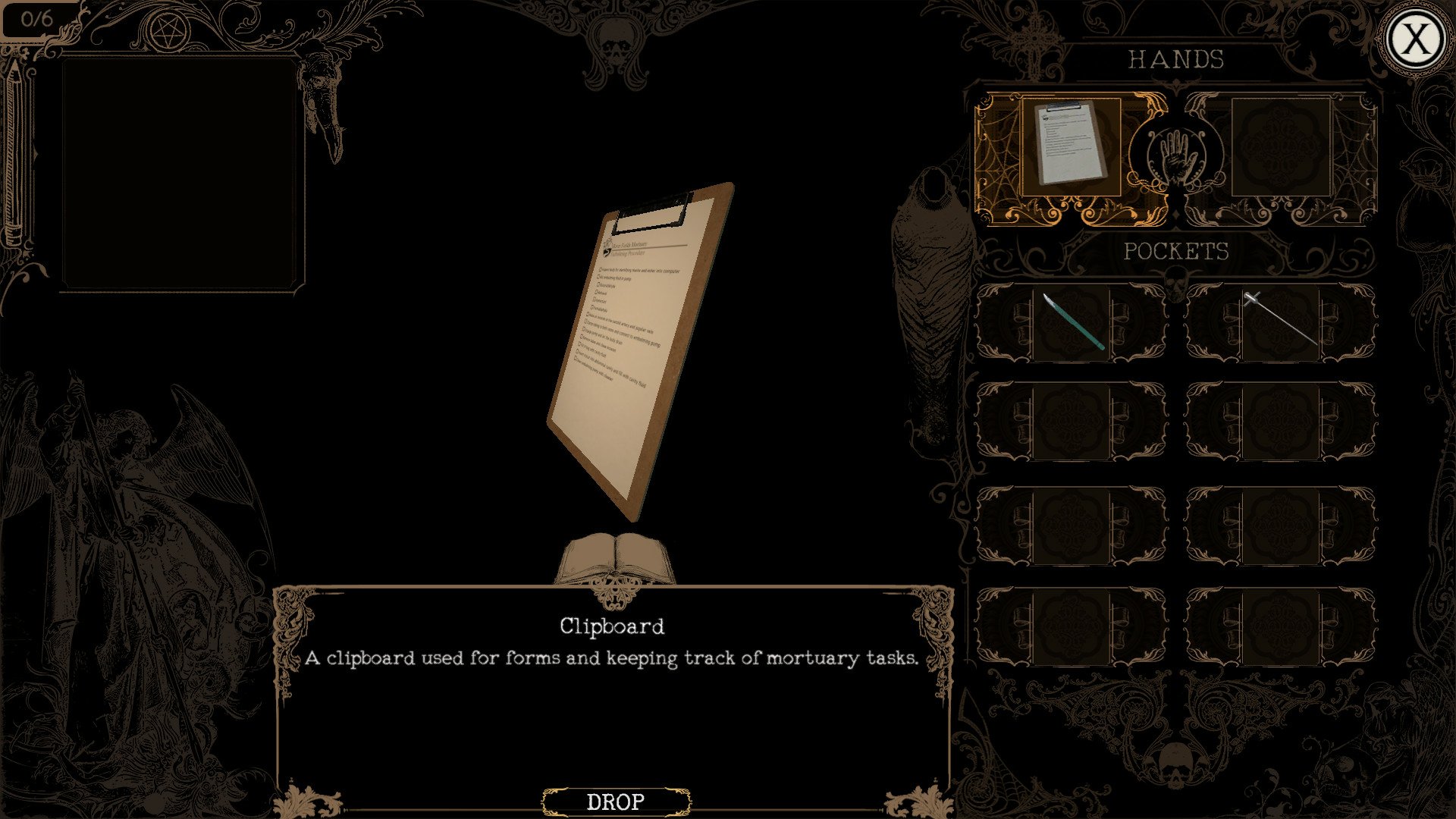 A clipboard displayed in The Mortuary Assistant game, used for organizing and tracking mortuary tasks, set against a dark, atmospheric background.