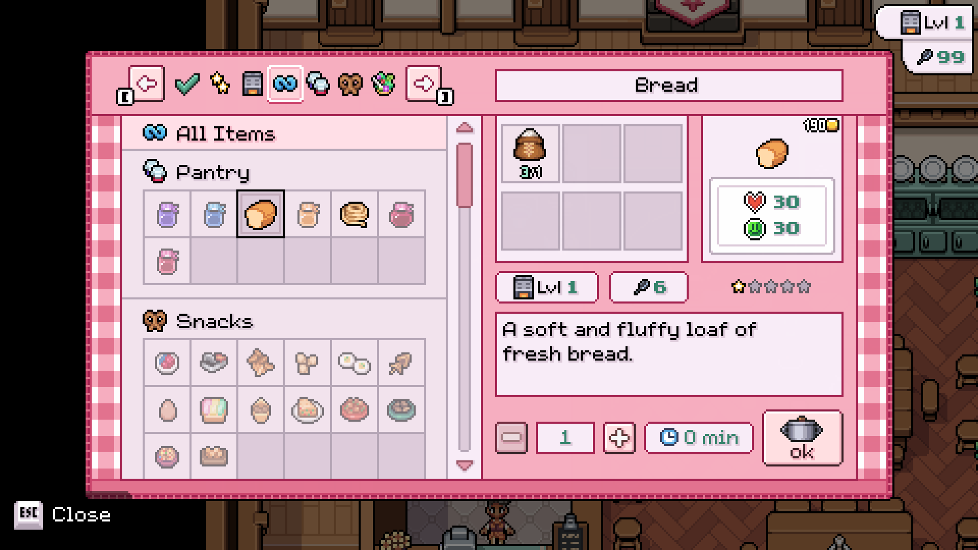 An inventory screen from the video game Fields of Mistria displaying a loaf of bread, categorized under pantry items, with details on its attributes and uses.