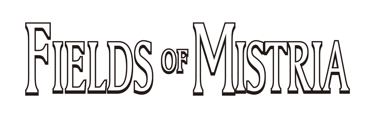Title logo for the video game Fields of Mistria, featuring stylized text that emphasizes its adventurous and immersive fantasy theme.