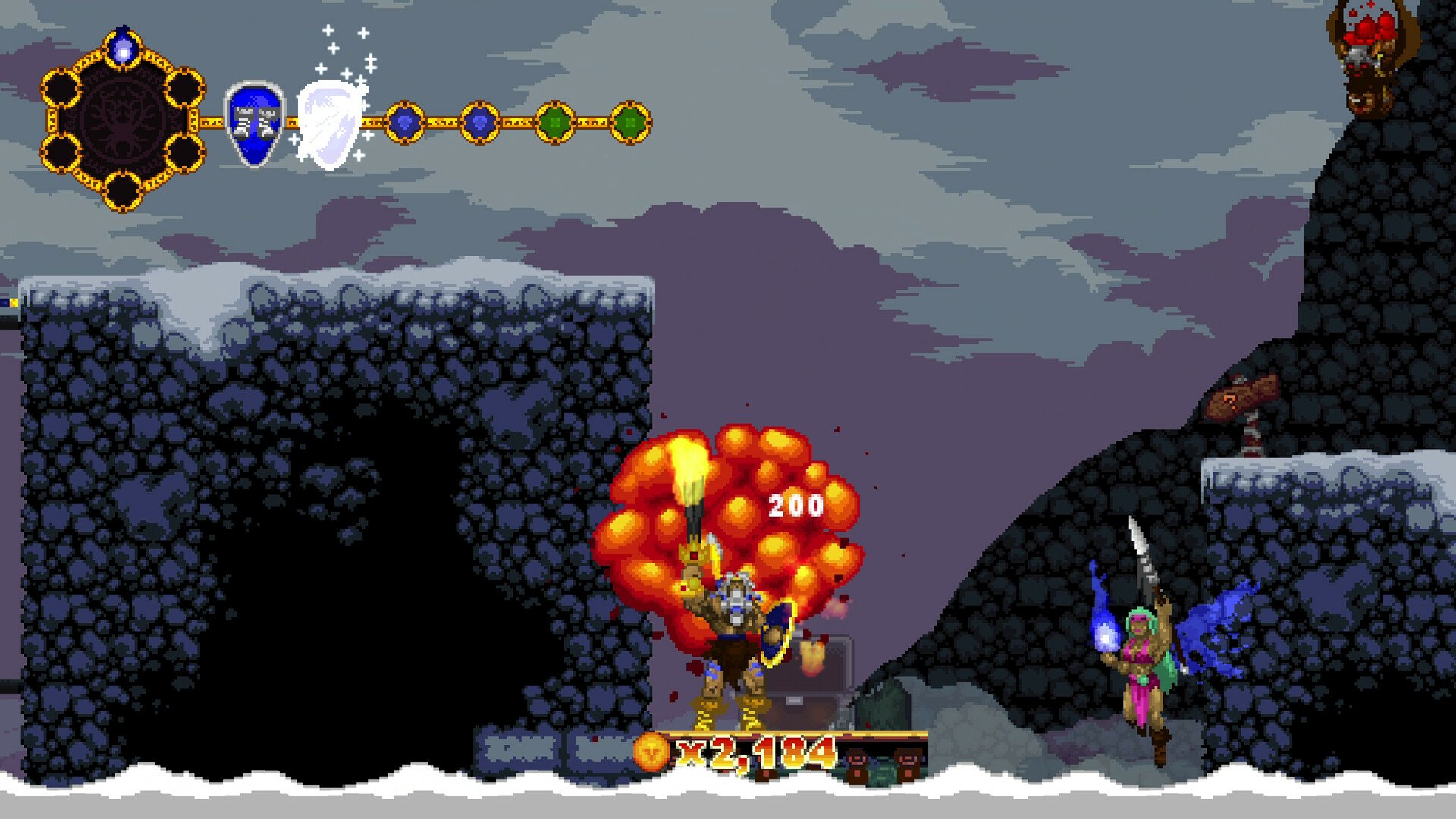 Volgarr the Viking II gameplay scene featuring a character unleashing an explosive attack on enemies amidst a snowy landscape and rocky terrain, with an interface displaying health and skills.