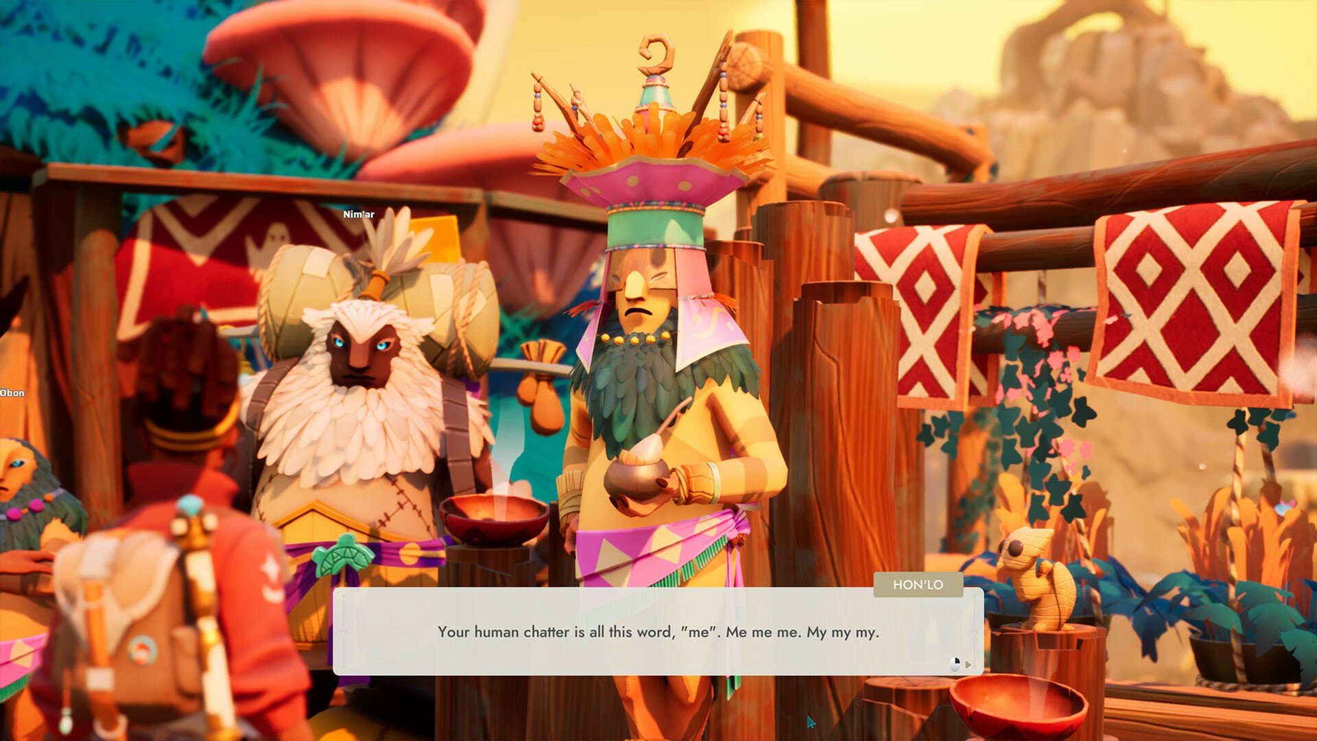 A vibrant scene from the video game Creatures of Ava, featuring colorful characters engaged in dialogue at a lively outdoor setting, surrounded by whimsical decorations.