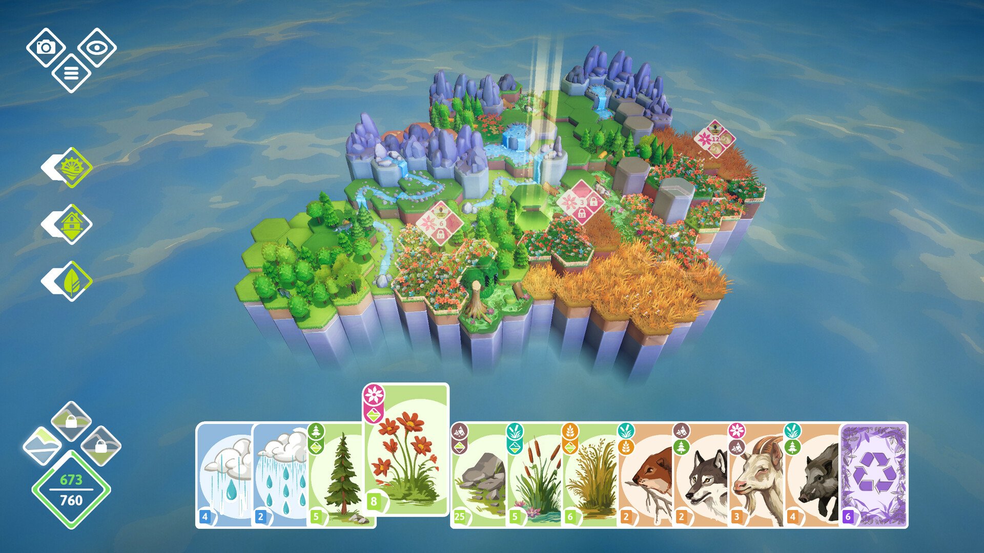 A colorful video game scene from Preserve, showcasing a vibrant island landscape filled with greenery, wildlife, and resources, along with a selection of strategic cards at the bottom.