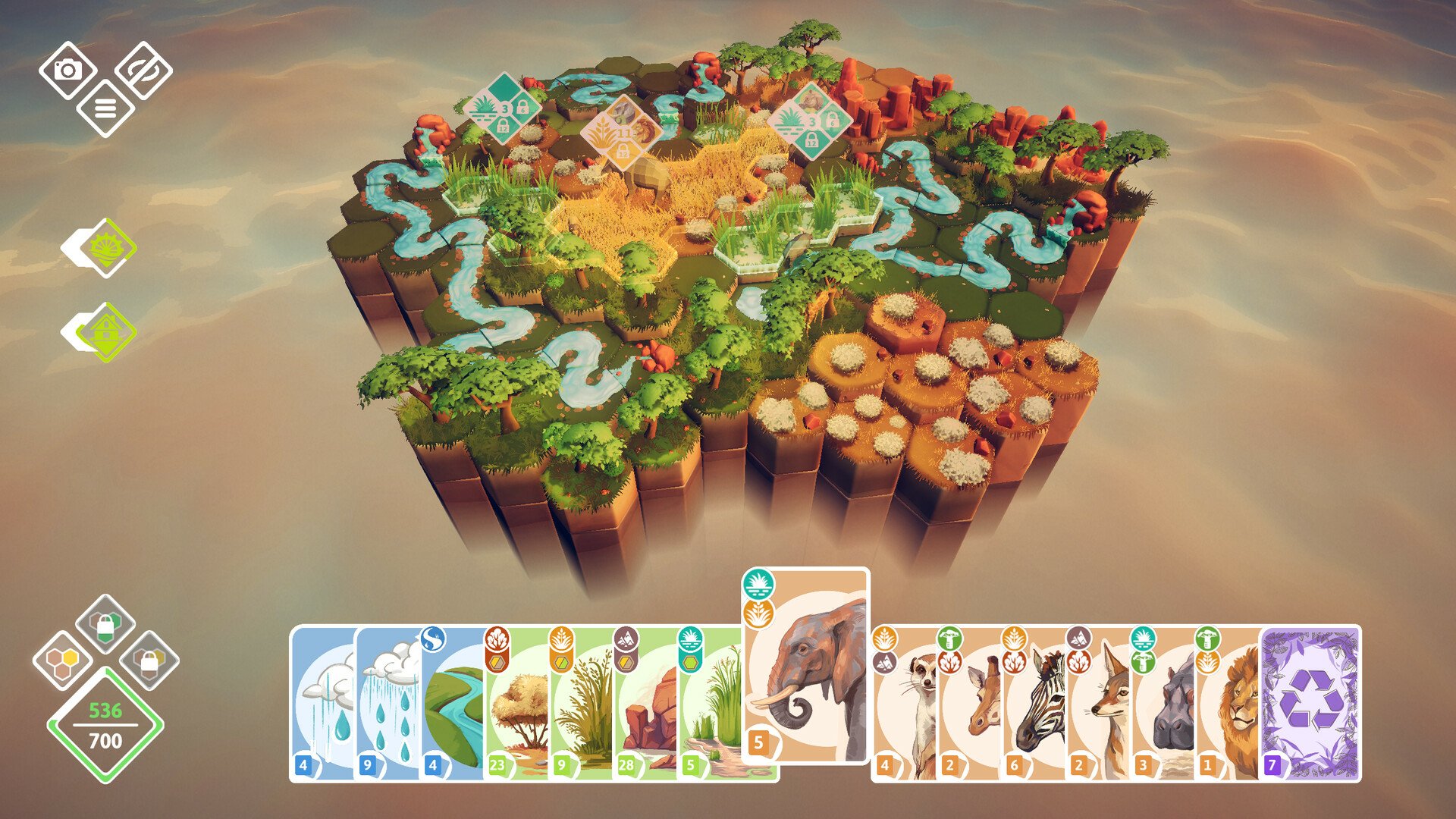 A vibrant board from the video game Preserve, featuring a lush landscape with rivers, diverse terrain, and an array of cards showcasing various animals and plants at the bottom.