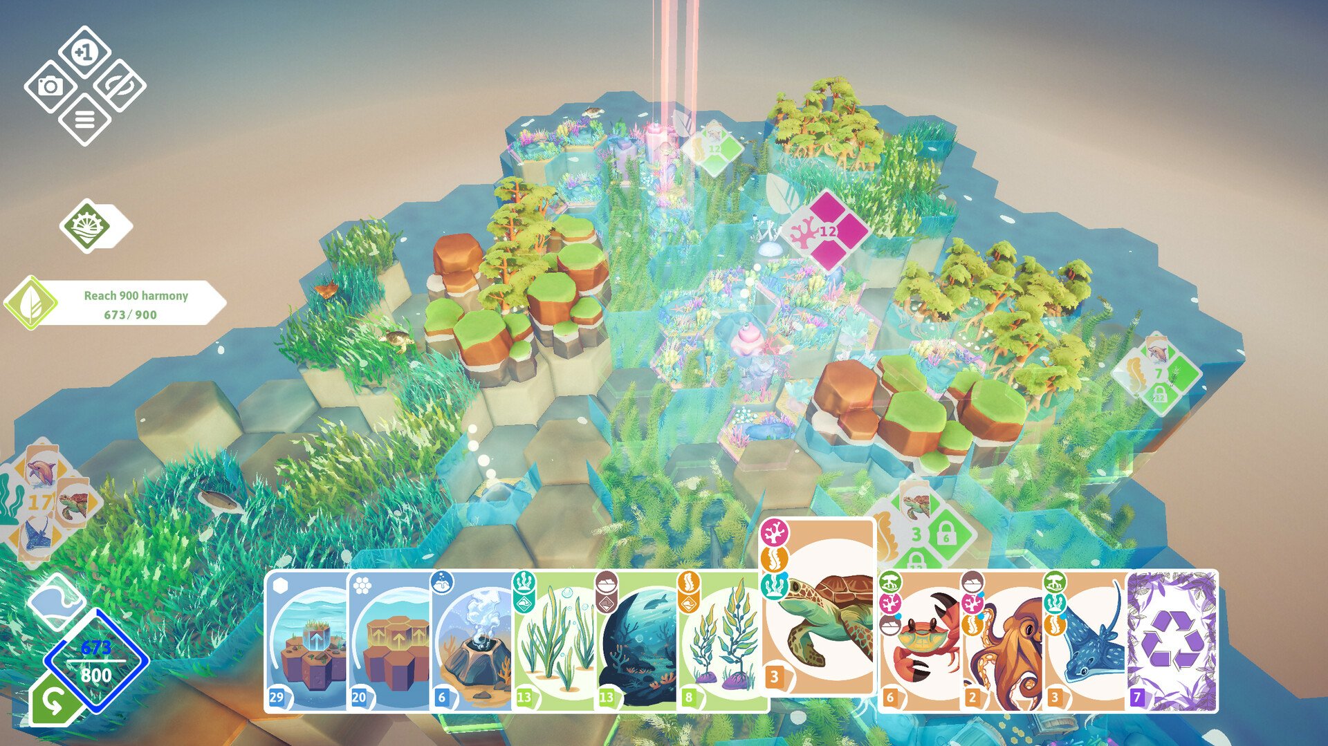 A vibrant, strategic scene from the video game Preserve, featuring lush hexagonal landscapes and a variety of cards to enhance the gameplay experience.