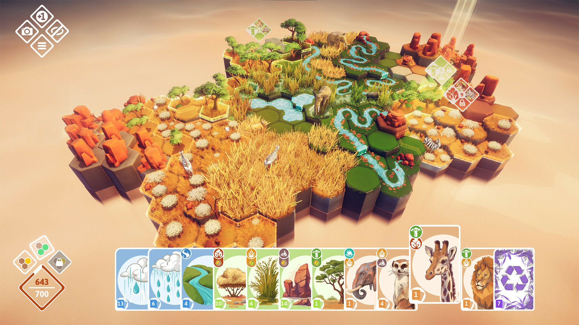 A vibrant video game scene from Preserve, showcasing a colorful landscape with diverse terrain, waterways, and resources, accompanied by a selection of strategic cards at the bottom.