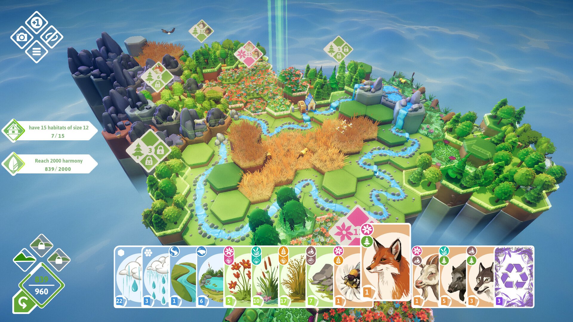 A vibrant scene from the video game Preserve, showcasing a colorful, hexagonal landscape filled with wildlife and nature cards, emphasizing strategy and environmental themes.