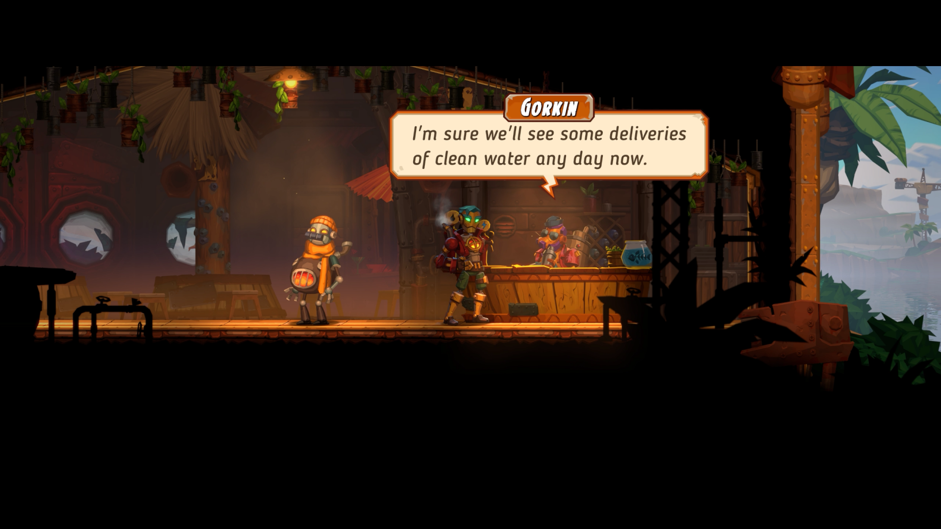 Two characters in a tropical setting engage in conversation in SteamWorld Heist II, discussing the availability of clean water amidst a vibrant and colorful environment.