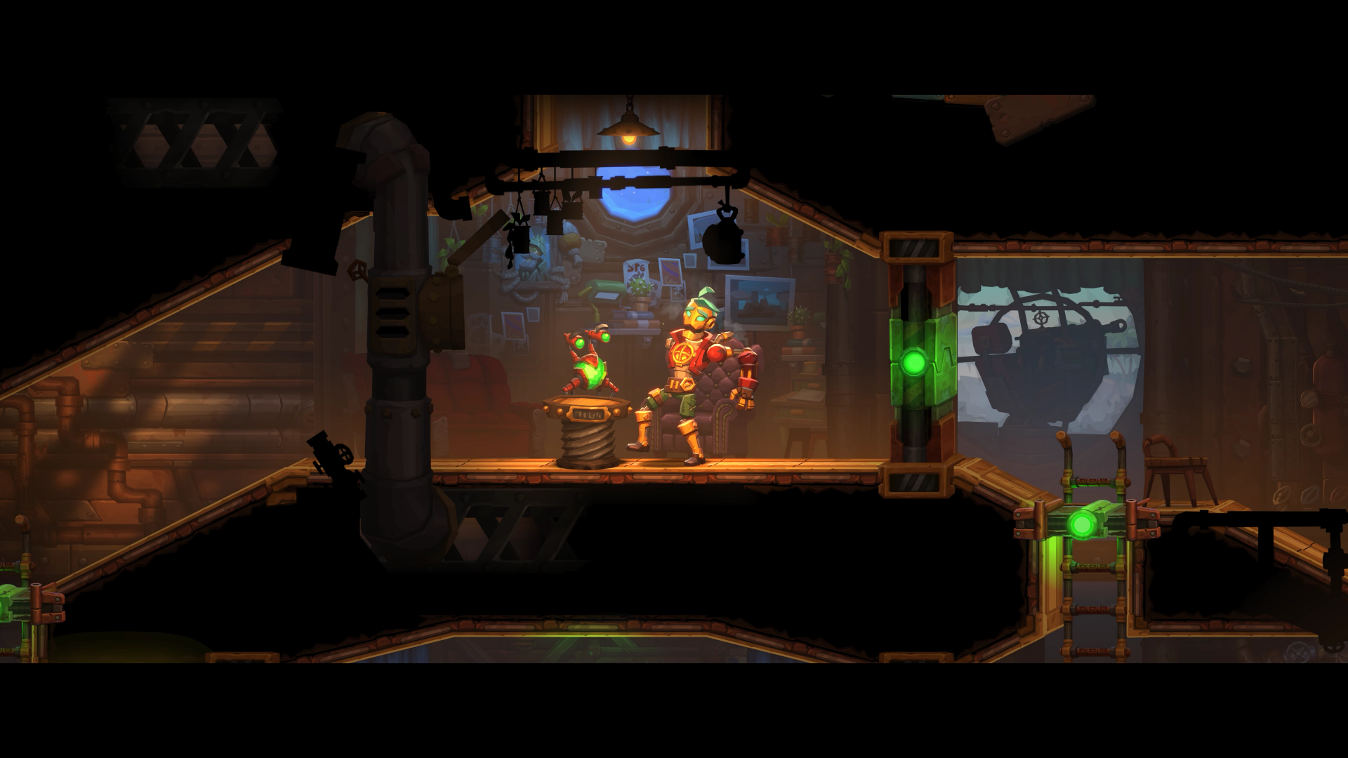 A colorful scene from SteamWorld Heist II, showcasing characters in a dimly lit room filled with steampunk elements and vibrant blue and green lights.