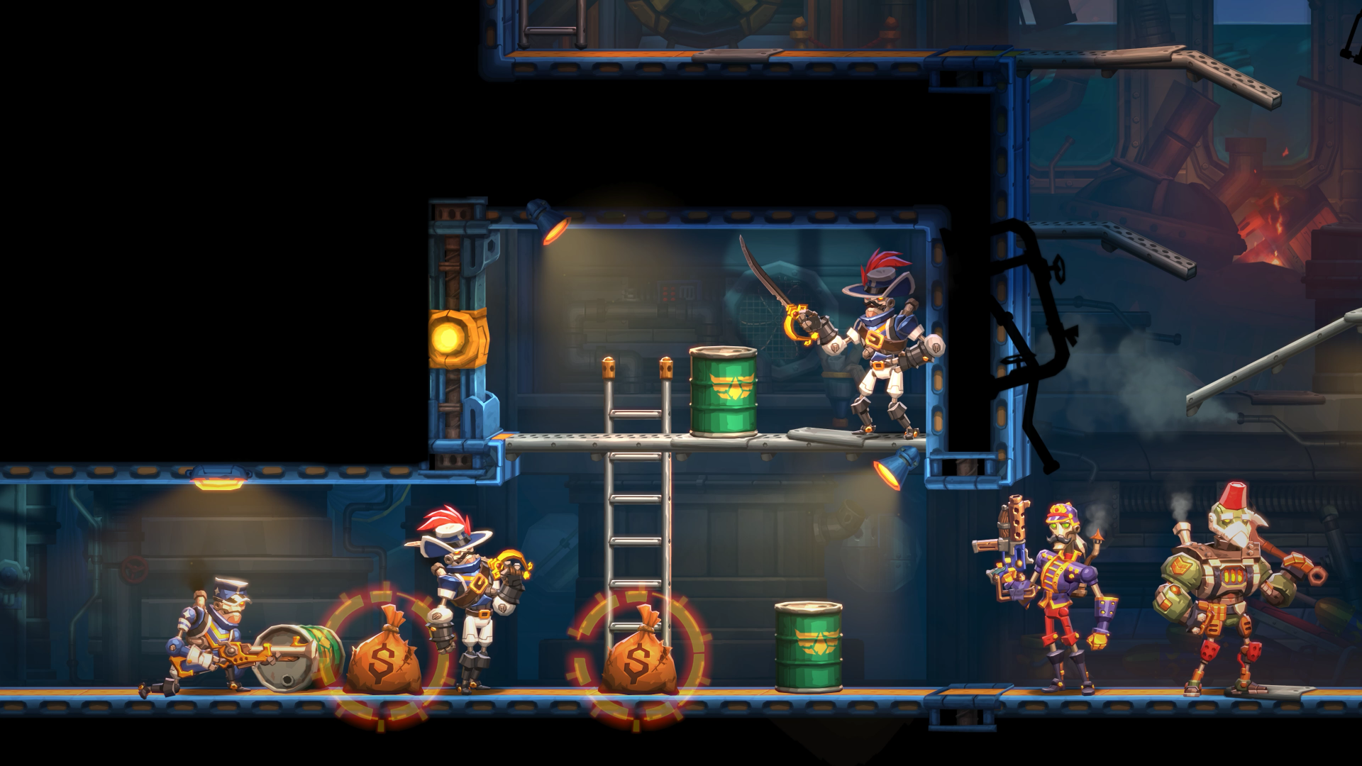 A vibrant scene from SteamWorld Heist II, featuring robotic characters engaged in a strategic heist, utilizing weapons and barrels in a colorful, futuristic environment.