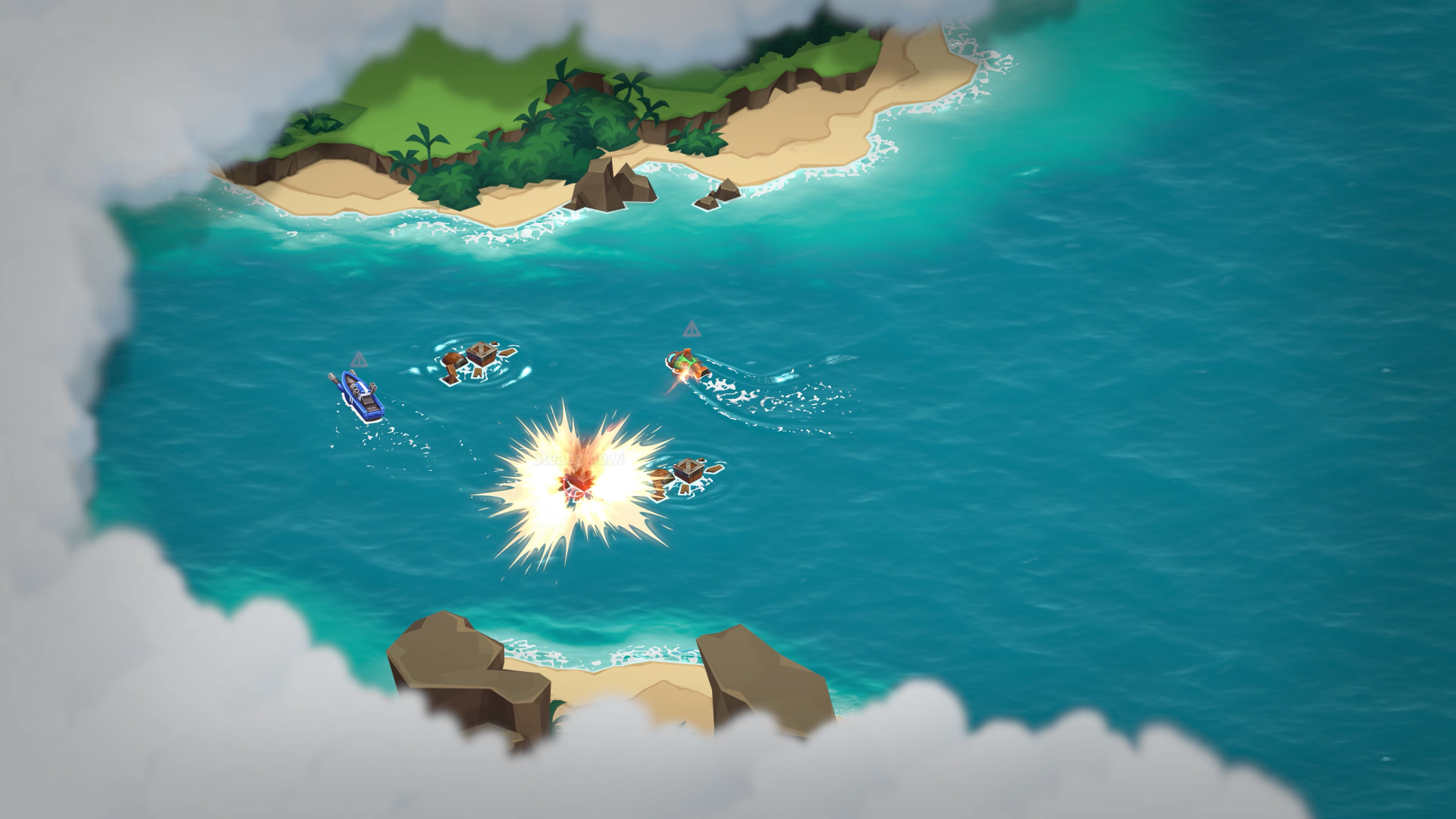 An aerial view of action in SteamWorld Heist II, featuring vibrant blue waters, a beach, and characters in boats, with an explosion erupting in the center of the scene.