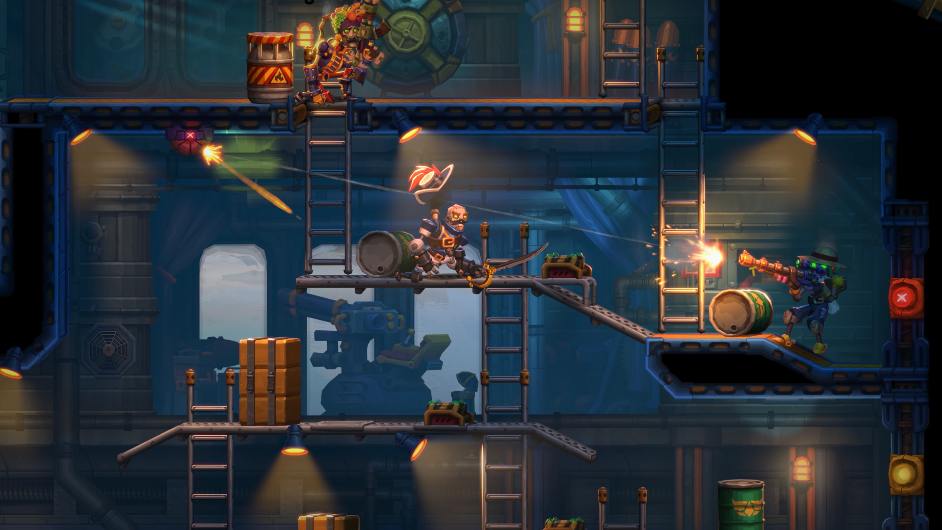 A dynamic scene from SteamWorld Heist II, featuring a character navigating a layered environment with barrels and ladders, engaged in tactical combat against robotic foes.