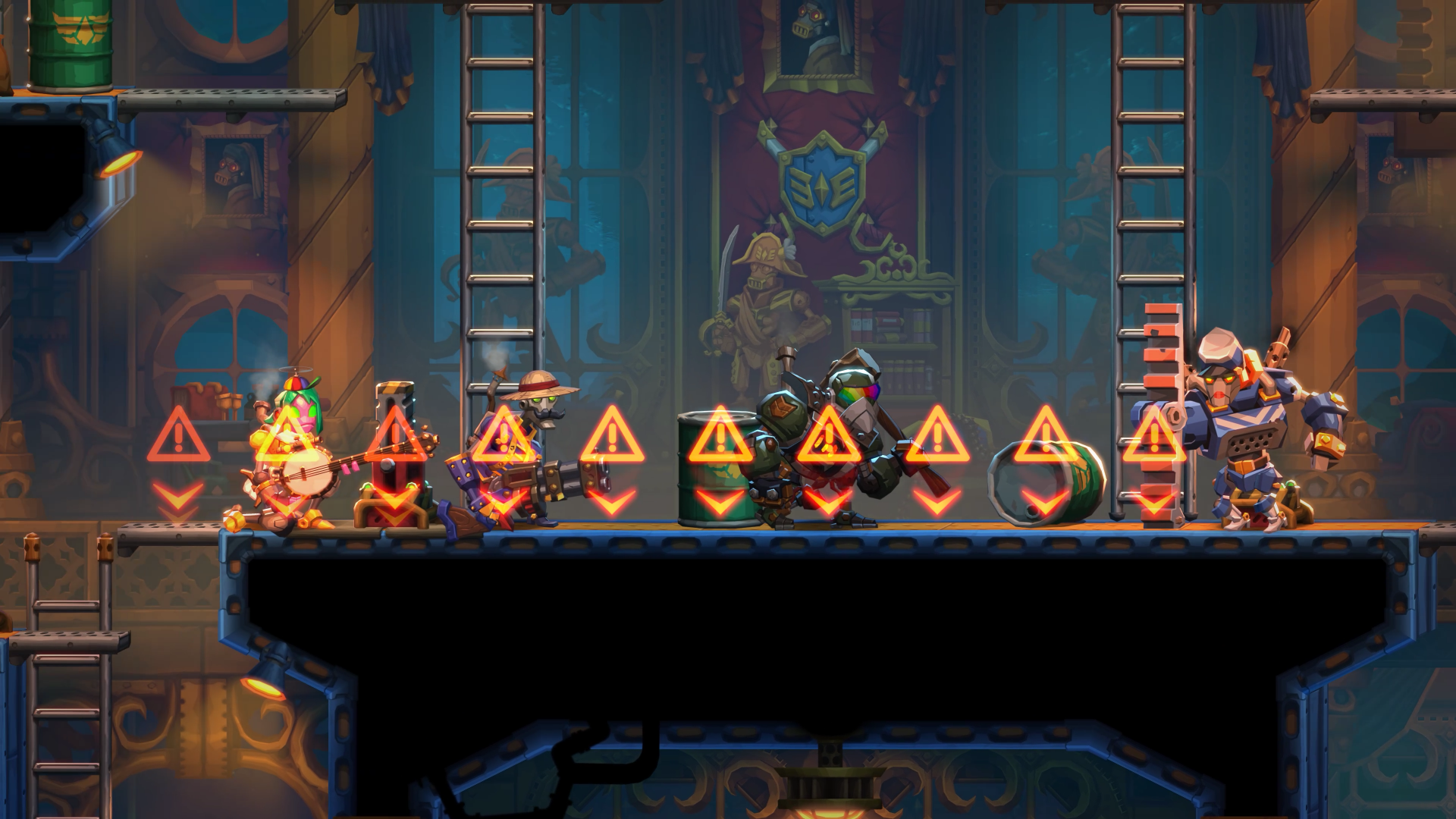 A colorful scene from SteamWorld Heist II featuring a lineup of characters poised for action, with warning symbols overhead and a vibrant industrial backdrop.