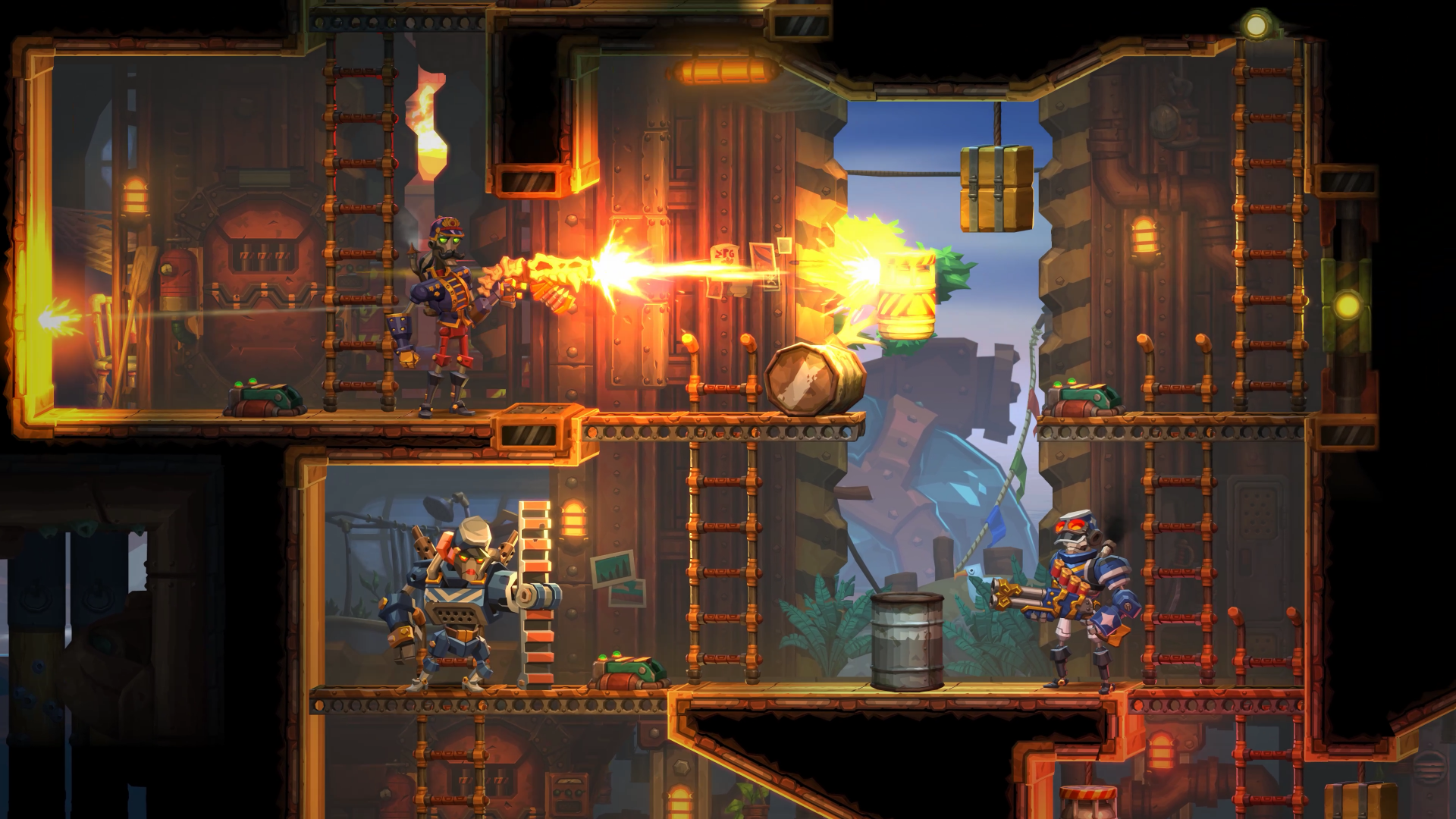 A vibrant scene from SteamWorld Heist II, showcasing characters engaged in a firefight amidst a colorful, multi-layered environment filled with ladders and crates.