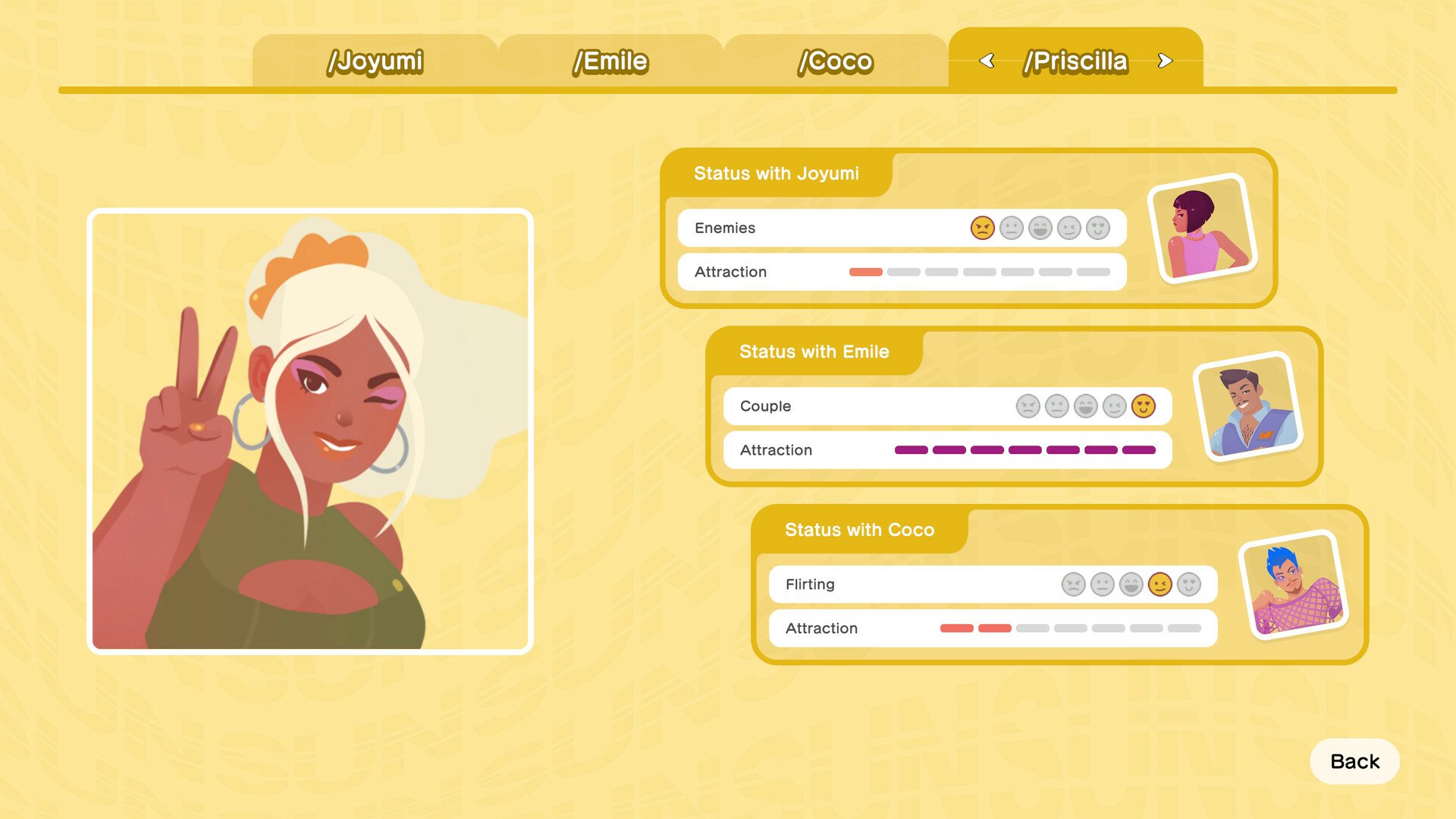 A character selection screen from the video game The Crush House, featuring a confident character with blonde hair making a peace sign and various relationship stats displayed.