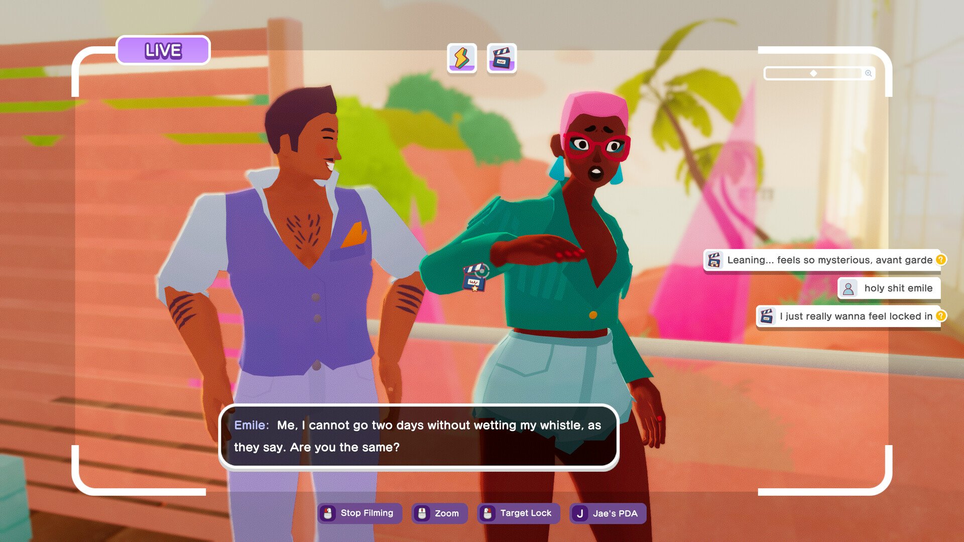 Two animated characters interact in a vibrant setting from the video game The Crush House, with dialogue bubbles highlighting their conversation and playful expressions.