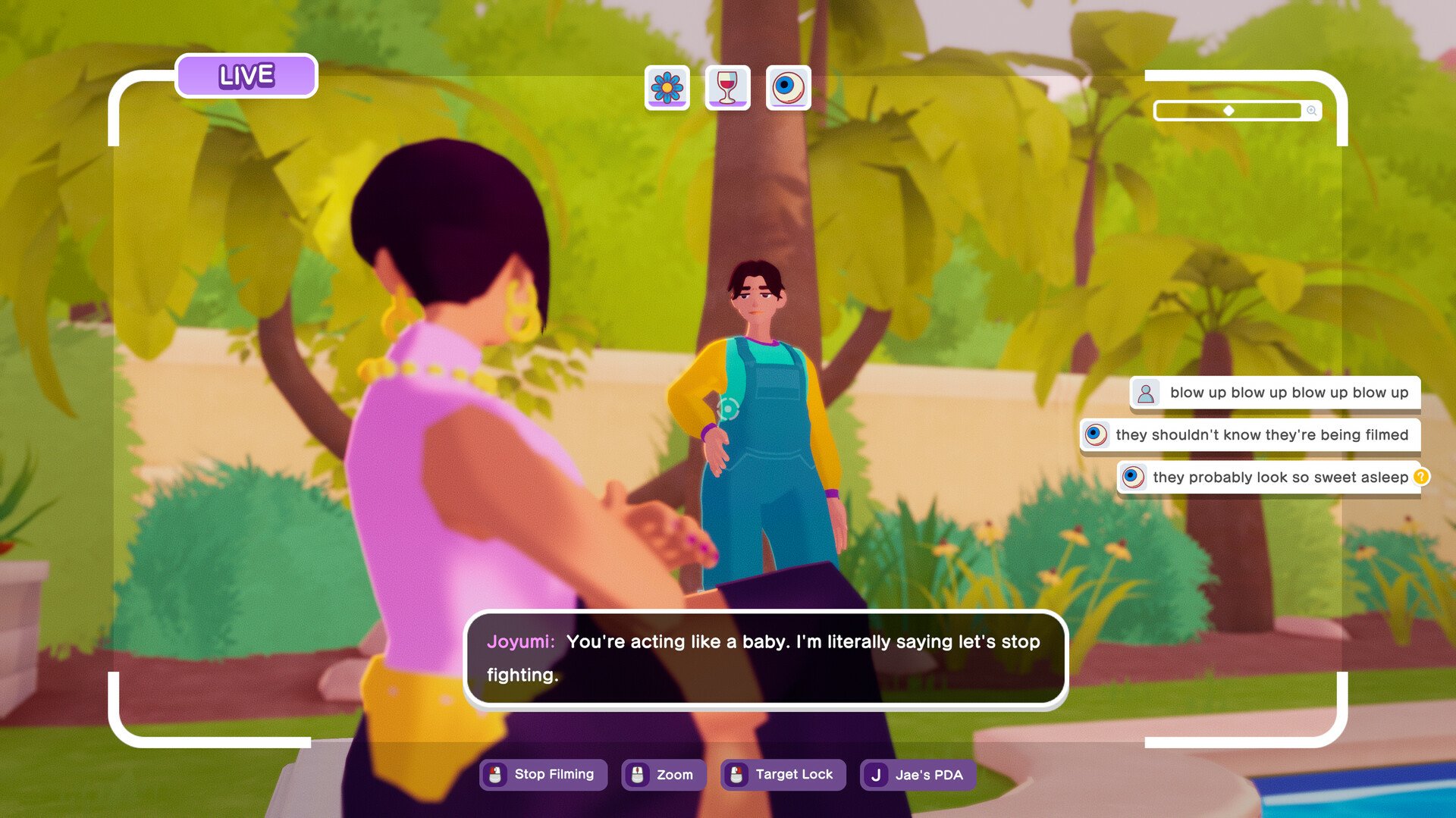 A vibrant scene from The Crush House, featuring two animated characters in a lively outdoor setting, engaging in a playful conversation while streaming live.