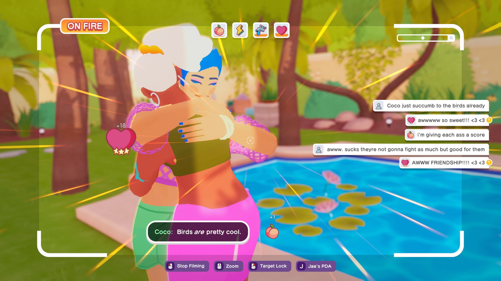 Two characters celebrate a joyful moment with a hug in The Crush House video game, surrounded by a vibrant, tropical setting and engaging chat bubbles.