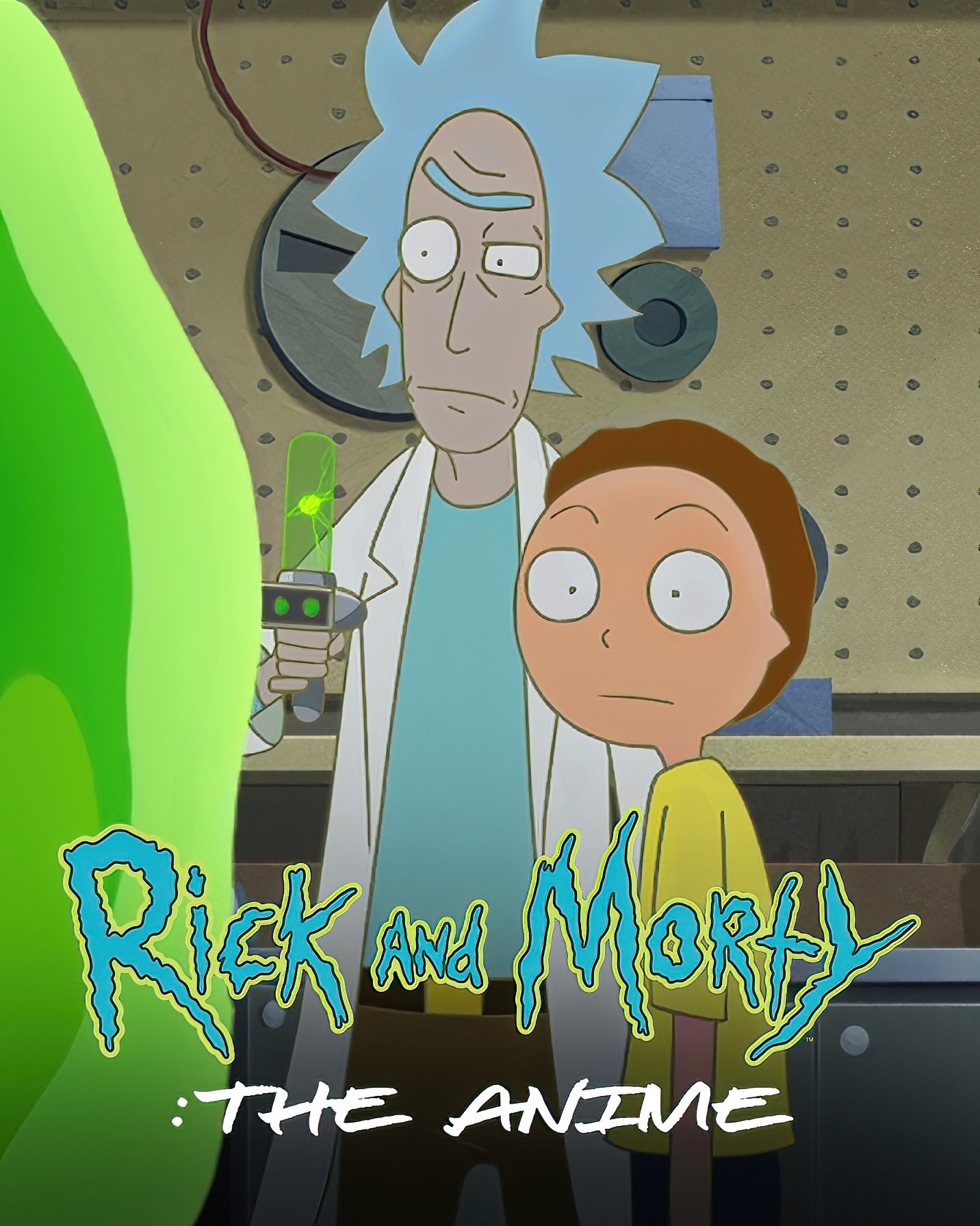 A scene from Rick and Morty: The Anime featuring Rick with his signature blue hair and white lab coat, holding a device, while Morty looks on with a concerned expression.