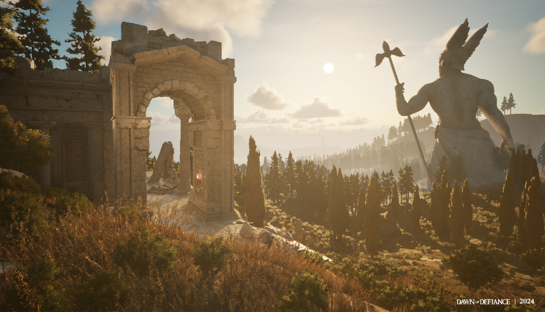 A stunning landscape from the video game Dawn of Defiance, featuring towering ruins and a massive statue, bathed in golden sunlight against a serene backdrop.