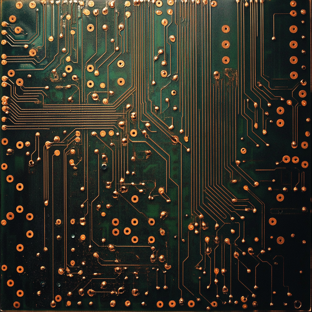A detailed circuit board pattern featuring intricate pathways and metallic connections on a dark green background, showcasing the complexity of electronic design.