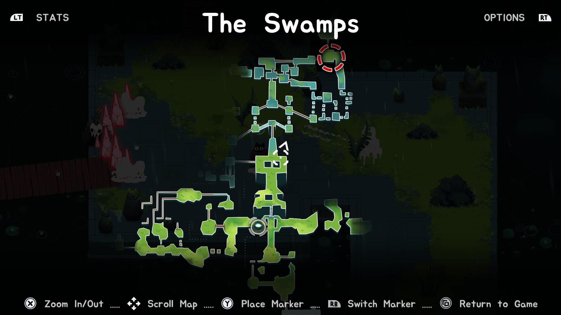 A map of The Swamps area from the video game Crypt Custodian, featuring various paths and markers to navigate through the environment.