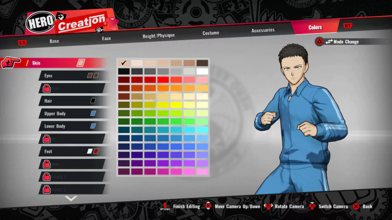 Screenshot of the Hero Creation screen from the video game One Punch Man: A Hero Nobody Knows, featuring various customization options for an avatar, including color palettes and outfit choices.