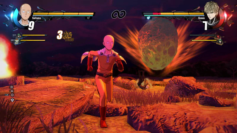 A screenshot from the video game One Punch Man: A Hero Nobody Knows showing two characters facing off in a dramatic battle scene with health bars displayed at the top and a fiery backdrop.