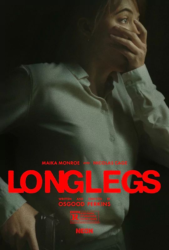 A movie poster for Longlegs featuring a woman covering her mouth in shock. The text includes cast names, Maika Monroe and Nicolas Cage, and mentions the director, Osgood Perkins.