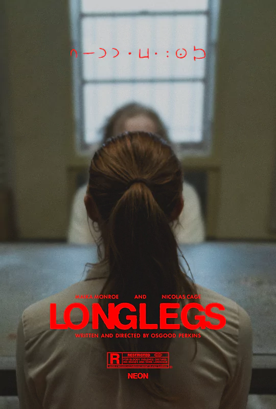 Poster for the movie 'Longlegs,' showing a woman with her back to the viewer, sitting at a table in a dimly lit room. The movie title is in bold red letters near the bottom.