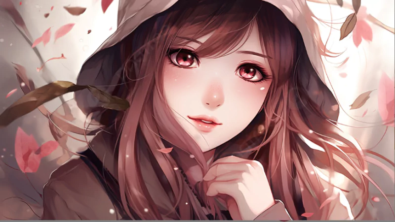 Close-up of an anime girl with long brown hair and pink eyes, wearing a hooded coat, hand near her chin, soft smile as cherry blossom petals drift around her.