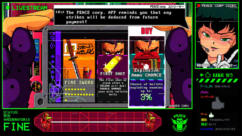 Screenshot of the video game Mullet MadJack, featuring a shopping interface with options to buy items like Fire Sword and Explosive Chance. A character's portrait is visible on the right side of the screen.