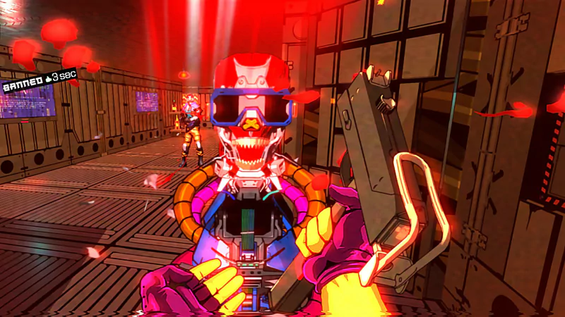 A screenshot from the video game Mullet MadJack featuring a vibrant, intense combat scene with colorful characters in a futuristic setting.