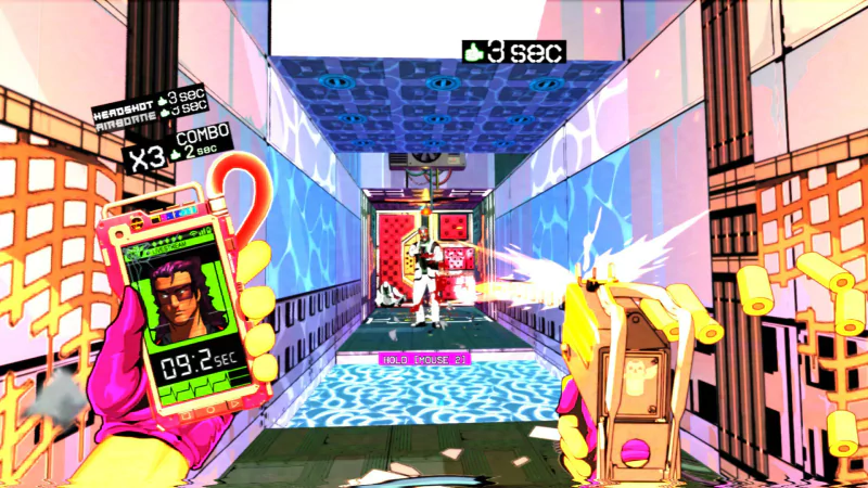 A colorful in-game scene from the video game Mullet MadJack, featuring a first-person view with a character holding a device and firing a weapon at an enemy in a futuristic setting.