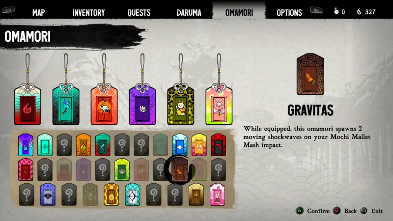 The image displays the Omamori inventory screen from the video game Bo: Path of the Teal Lotus, showcasing various charms, including one named Gravitas, which spawns moving shadows upon Mochi Mallet Mash impact.
