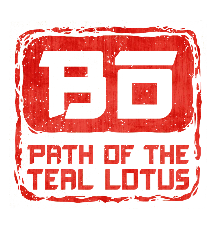 Logo for the video game Bo: Path of the Teal Lotus, featuring red stylized text on a distressed background.