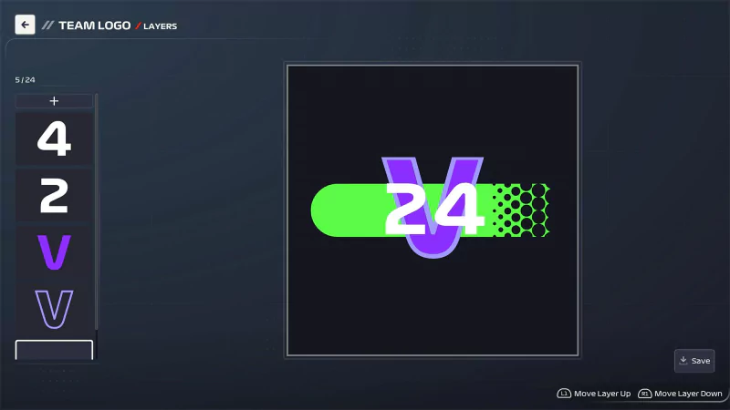 A vibrant team logo design featuring the number 24 in bold colors and geometric elements, showcased in the interface of F1 Manager 2024.