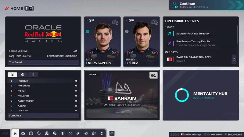 Screenshot from F1 Manager 2024 displaying the main menu. Features include team standings with Verstappen and Pérez, upcoming events, and a section for the Bahrain event.
