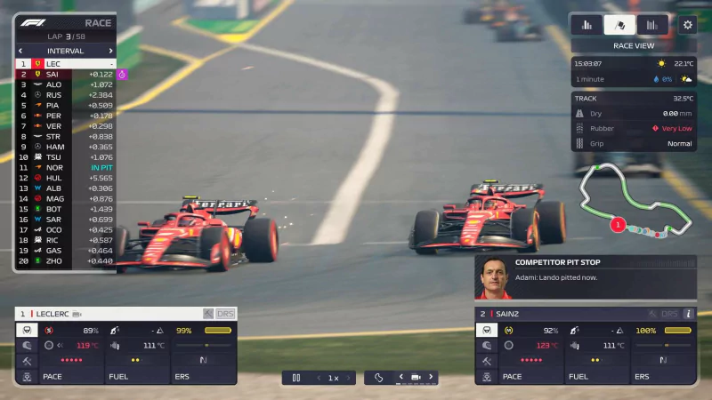 A dynamic scene from F1 Manager 2024, showcasing two Ferrari cars battling on track, with race statistics and a circuit map displayed on the screen.