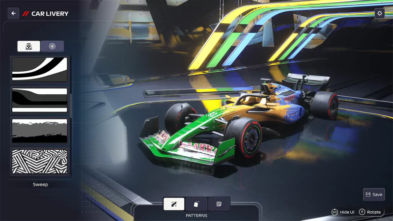 A vibrant racing car from F1 Manager 2024, showcased with colorful design options in a dynamic garage setting, highlighting customization features.