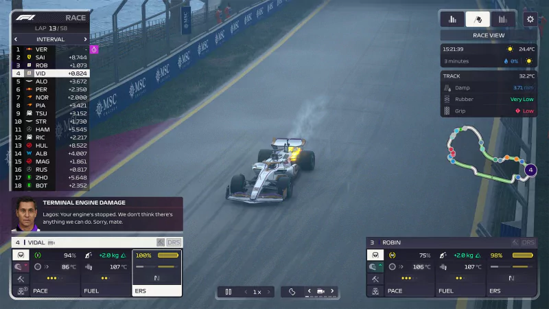 A scene from F1 Manager 2024 featuring a car navigating a wet track, with race statistics and driver information displayed on the screen for strategic management.