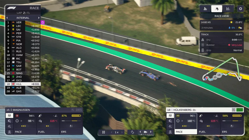 Aerial view of a race in F1 Manager 2024, showing two cars competing on the track. Race statistics and player management details are displayed on-screen.