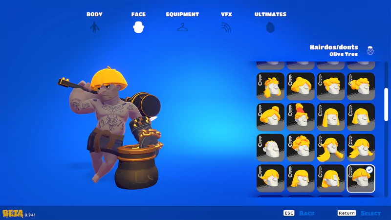 A screenshot from the video game RAWMEN: Food Fighter Arena, showcasing a character customization screen with various hairstyle options labeled Olive Tree. An equipped character stands next to a cauldron.