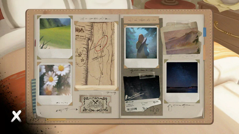 A collection of polaroid photos and sketches from the video game The Star Named EOS, showcasing various scenic landscapes and artistic notes.