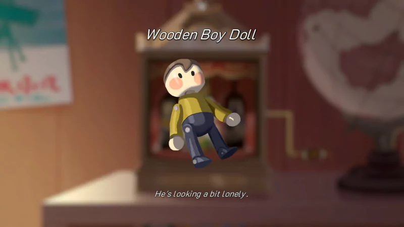 A wooden boy doll hangs in the foreground, labeled Wooden Boy Doll. He's looking a bit lonely, set against a background from the video game The Star Named EOS.