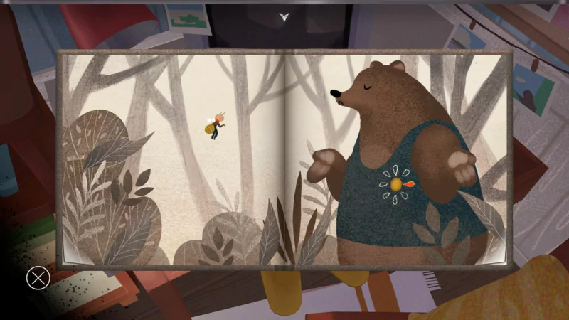 An illustration from the video game The Star Named EOS, featuring a bear in a cozy setting, interacting with a small bee amidst a stylized, nature-inspired background.