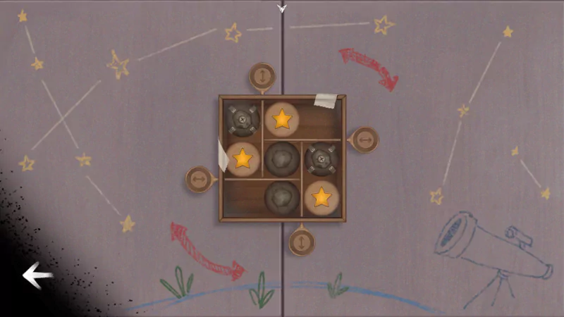 A gameplay screenshot from the video game The Star Named EOS, featuring a grid puzzle with stars and a telescope, surrounded by drawings of stars and constellations.