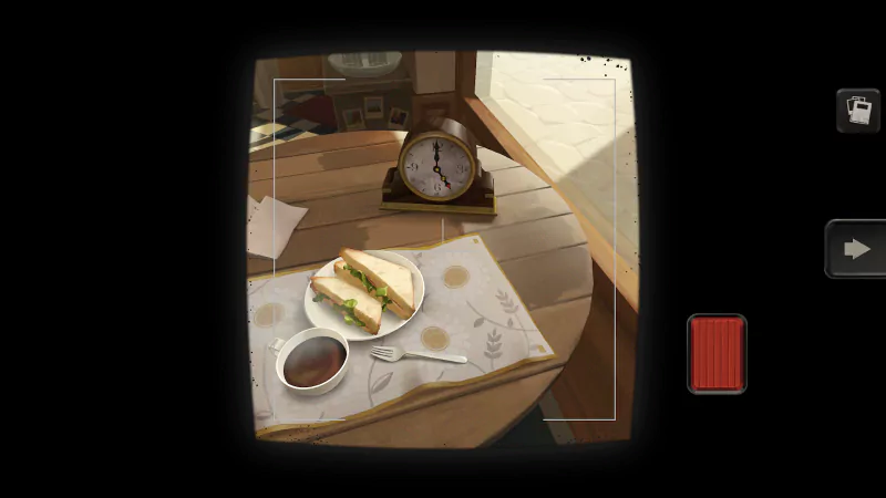 A cozy scene from the video game The Star Named EOS, featuring a wooden table with a sandwich, a cup of coffee, and an antique clock, capturing a moment of tranquility.