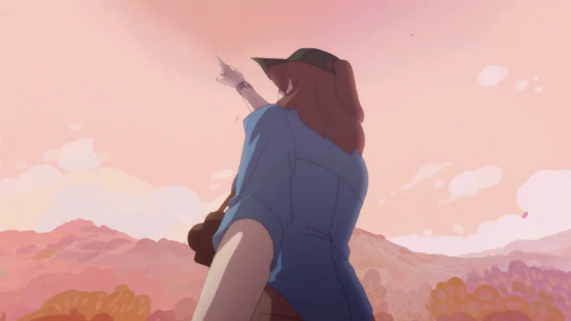 A character from the video game The Star Named EOS stands with their back to the viewer, pointing at the sky amidst a colorful, serene landscape at sunset.